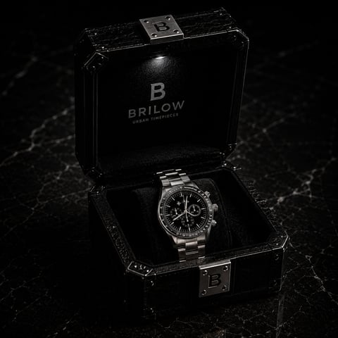 Stainless steel chronograph watch by Brilow displayed in open black box with textured padding