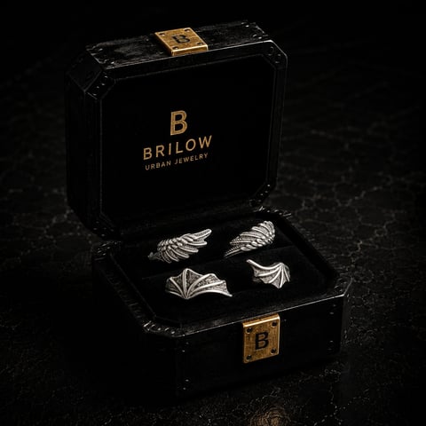 Brilow Urban Jewelry black box open displaying silver wing-shaped earrings on dark velvet